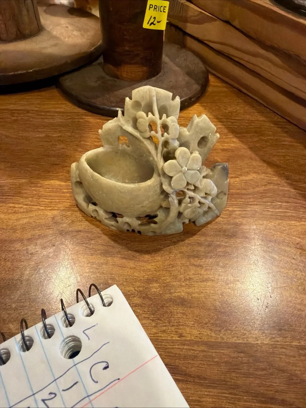 Carved Floral Stone Trinket Bowl - Pale Green